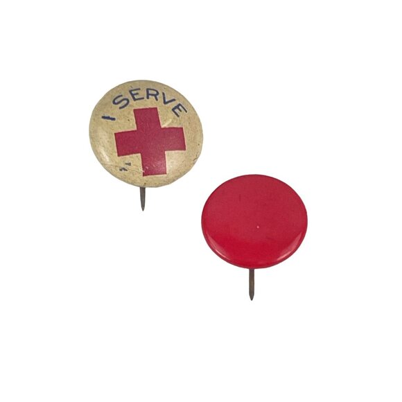 Vintage Red Cross "I Serve" & Red Button Pins - 1 Inch Diameter - Picture 1 of 5